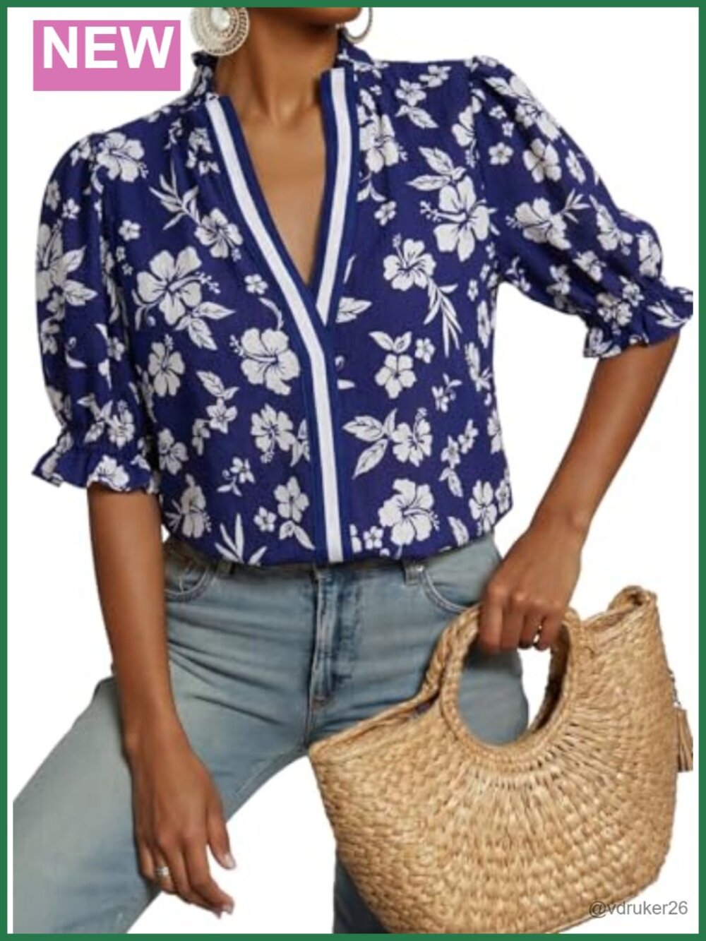 Womens Boho Floral Ruffle Shirt Puff Short Sleeve V Neck Blouse Top